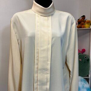 Vintage 90s Talbots Light Yellow Mock Neck Pleated Front Blouse Size 8